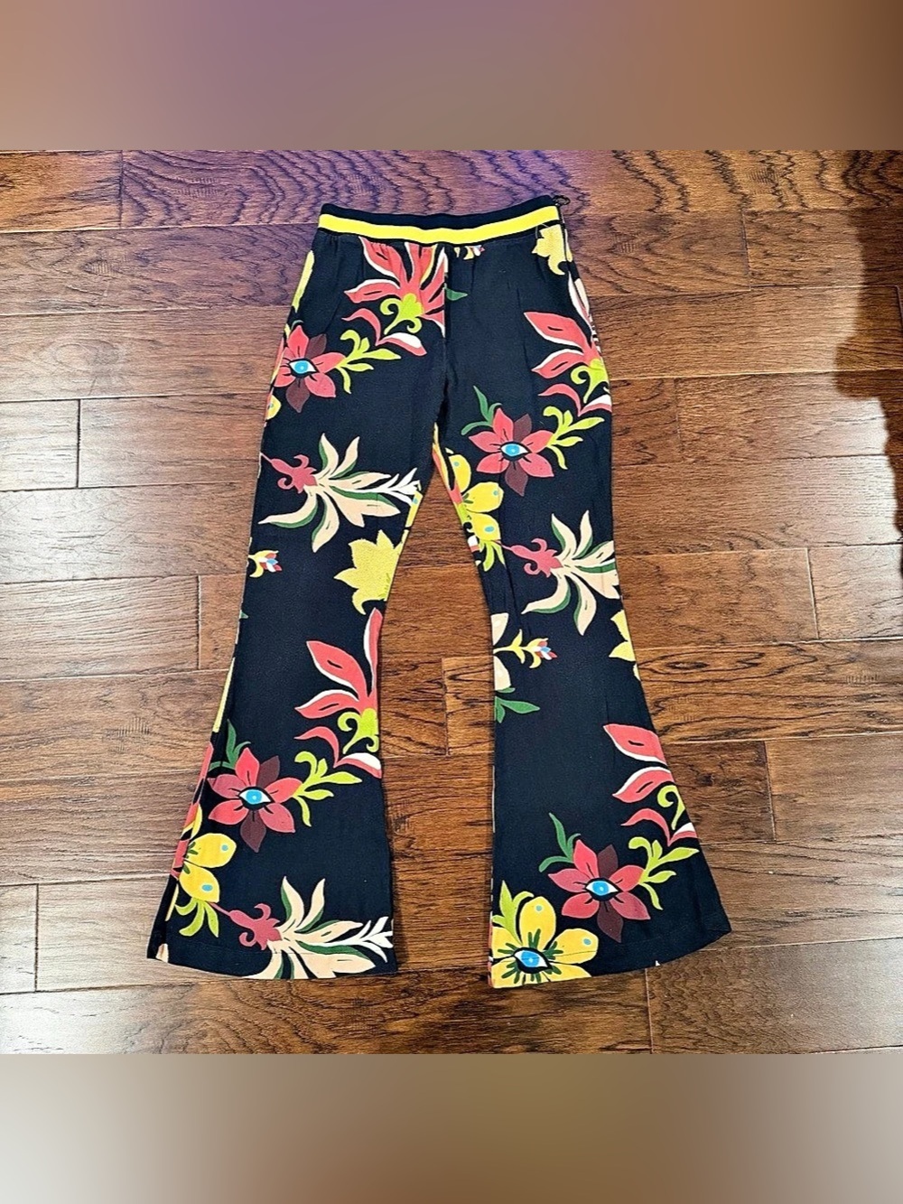 Farm Rio Calla Pants Womens S Black Floral Flare High Rise Side Zip Retro Boho